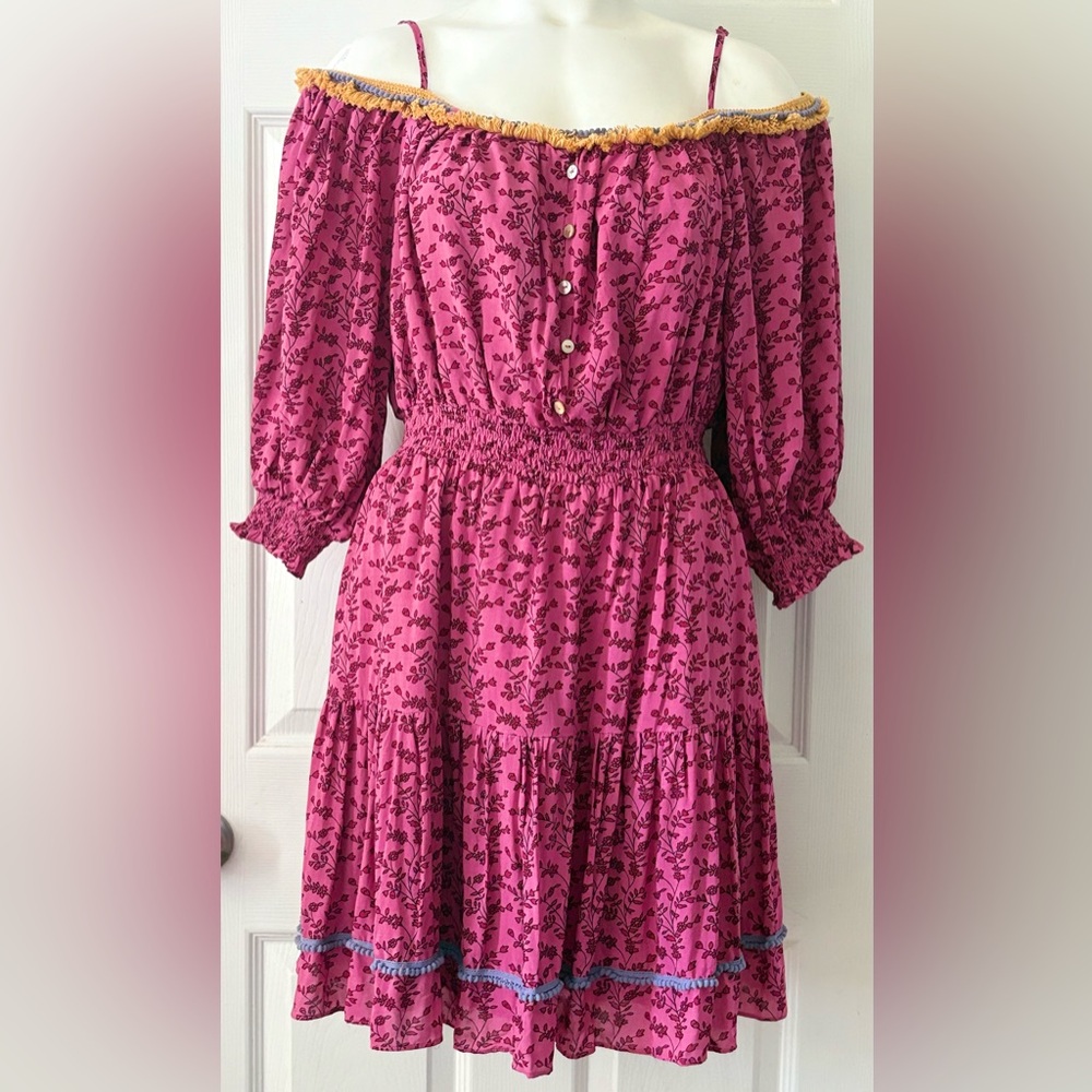 NWT $119 Betsey Johnson Vines of Bali Ibis Rose Pink Mini Dress Boho size L